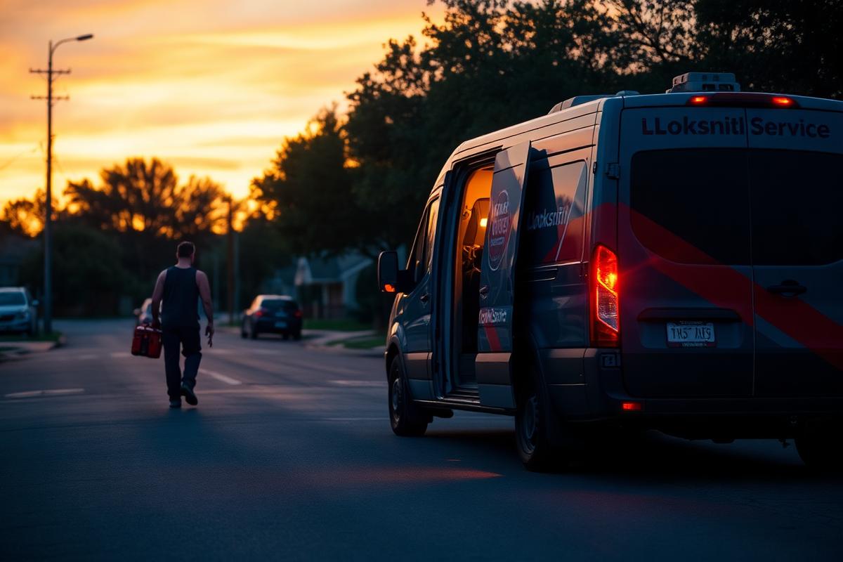 Mobile locksmith van arriving for a car key call in Sugar Land